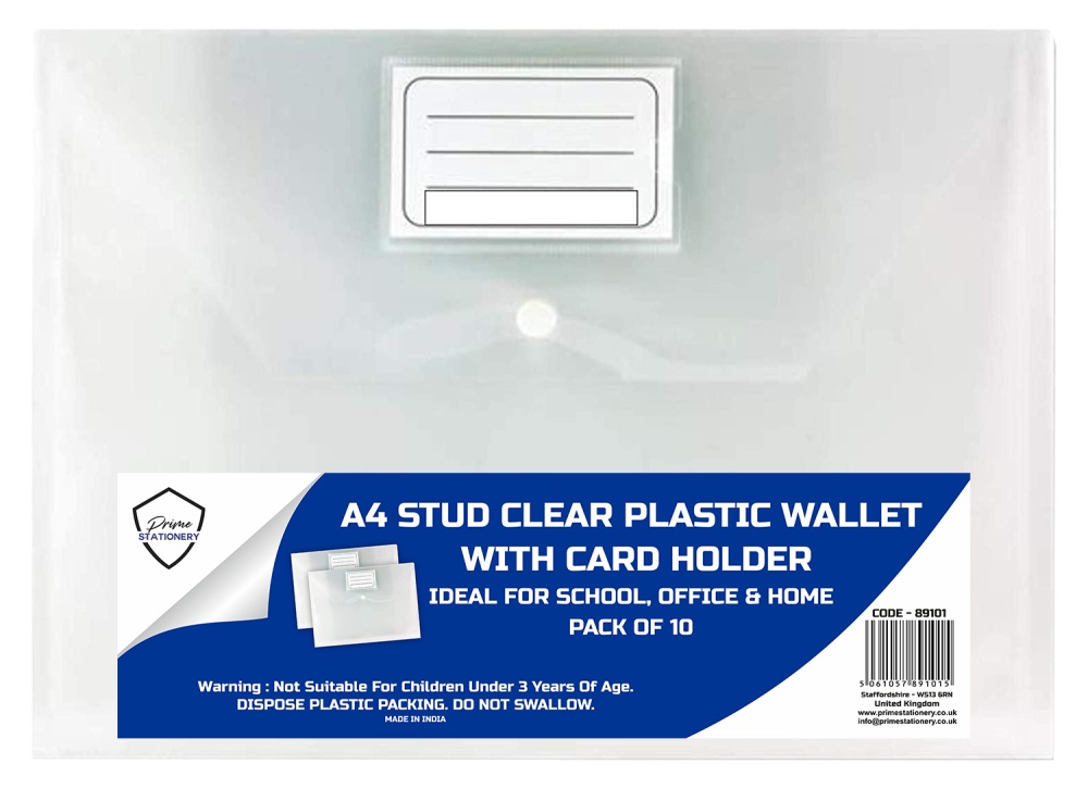 Prime A4 Stud Wallet Clear with Card Holder Pack of 10